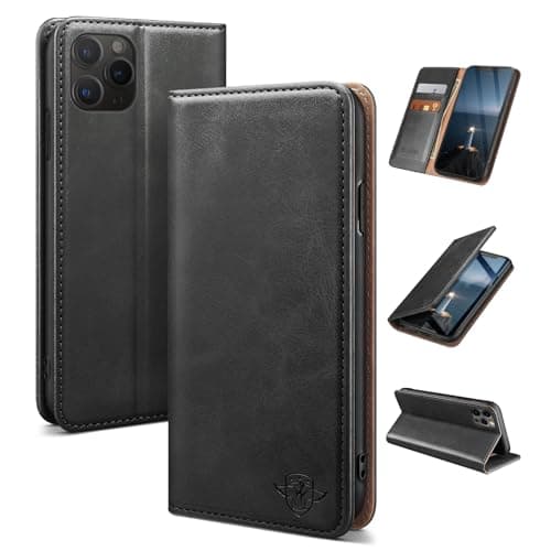 Image of SUANDUCK for iPhone 11 Pro Max 6.5" mobile phone case magnetic leather flip case with RFID-blocking card compartment, adjustable stand and 360° drop protection with Apple 11 Pro Max Black