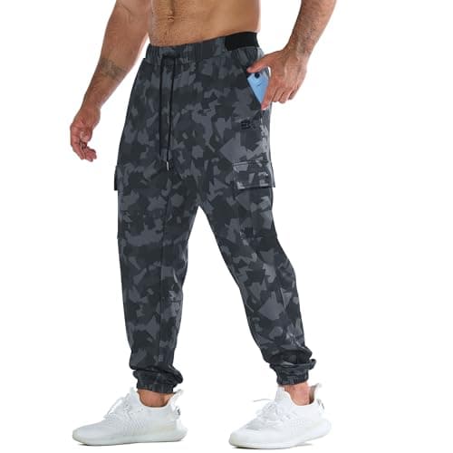 Image of BROKIG Mens SoftArmor Gym Joggers, Camo Workout Trousers Cargo Pocket, Casual Running Tracksuit Bottoms with 4 Pockets(Large,Camo Black)