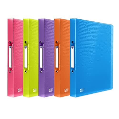 Image of Oxford A4 Ring Binders for Students, Lightweight Flexible Plastic Folders, 40 mm Spine Holds Up to 250 Sheets, Durable Wipe-Clean Covers, Assorted Colours Pack of 5