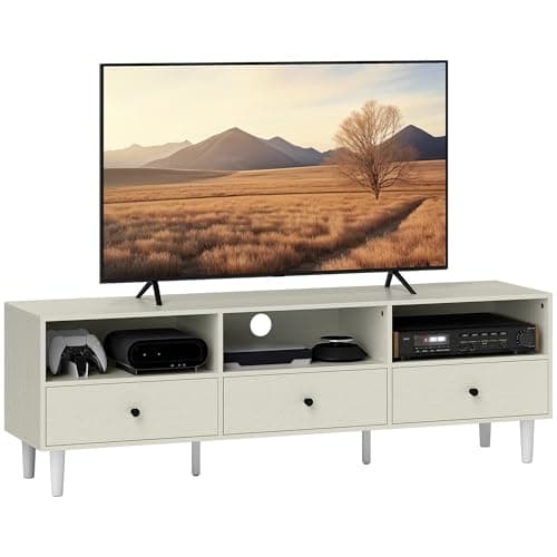 Image of HOMCOM 140cm TV Stand Cabinet, Modern TV Unit Console Table for up to 75", with 3 Drawers, 3 Open Storage Shelves, Cable Management, Media Entertainment Centre for Living Room, Bedroom, Cream White