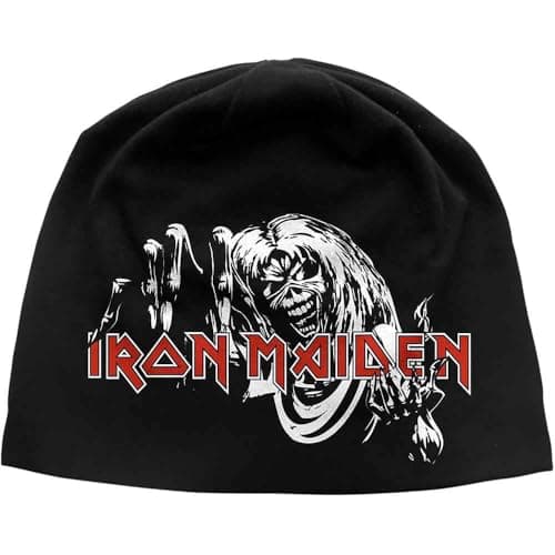 Image of Iron Maiden Beanie Hat Cap Number Of The Beast Logo Official Black Jersey Print One Size