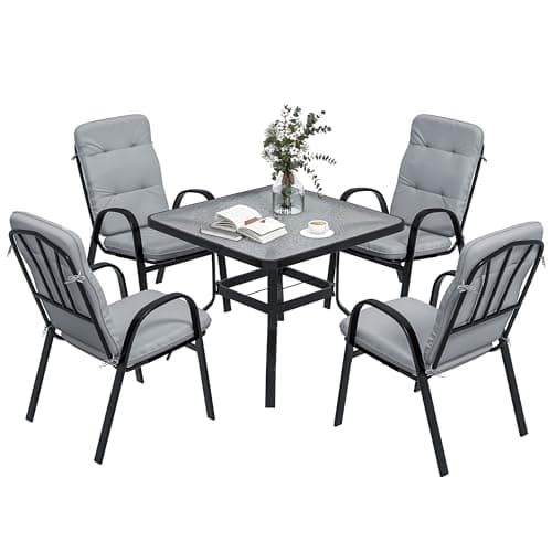 Image of Outsunny 5 Pieces Garden Dining Set, Outdoor Square Dining Table and 4 Cushioned Armchairs, Tempered Glass Top Table w/Umbrella Hole, Texteline Seats, Grey
