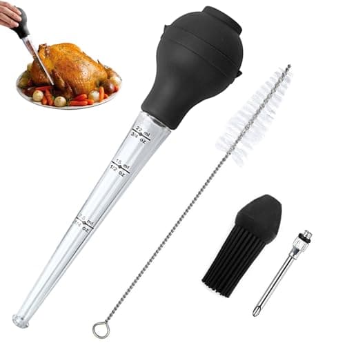 Image of MUNSKT Turkey Baster Set of 4, Commercial Grade Quality FDA Silicone Bulb Including Meat Marinade Injector Needle with Barbecue Basting Brush and Cleaning Brush for Easy Clean Up, Cooking (Black)