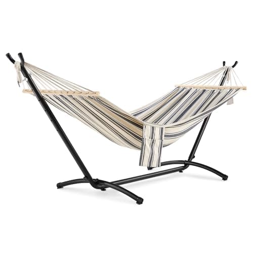 Image of VonHaus Hammock with Stand - Freestanding 1 Person Striped Hammock Seat with Steel Frame - Polycotton Material & Adjustable Frame for Garden - Travel Bag for Beach, Camping & Outdoors - Blue & White