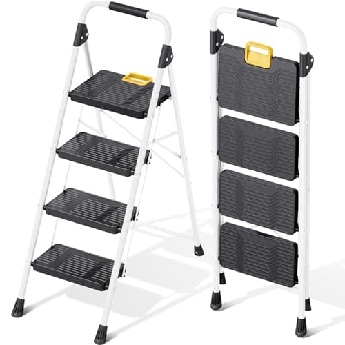 Image of KINGRACK 4 Step Folding Ladder, 800lbs Capacity Step Stool with Safety Lock, Non-Skid Wide Pedals, and Handrail, Lightweight, Household Ladder for Home, Kitchen, Pantry, Closets, and Office Use, White