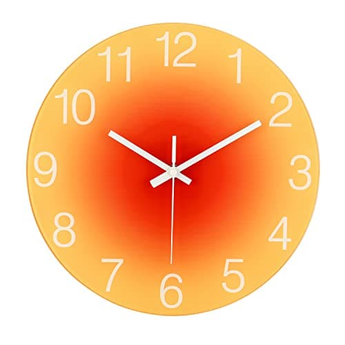 Image of Topkey 12 Inch Silent Glass Wall Clock Easy Readable Big Numbers Non Ticking Round Stylish Gradient Modern Decorative Clock for Home Bedroom Living Room Dining Room Kitchen and Office -Orange