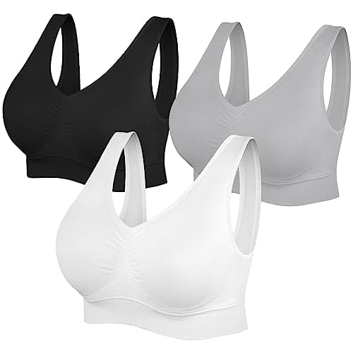 Image of SIMIYA Super Comfort Bra, Womens Sports Bras Removable Pads Plus Size Sleep Bras for Girls in Yoga Bralette Leisure Stretch Crop Tops Vest (3XL, 3 Pack Black+White+Grey)