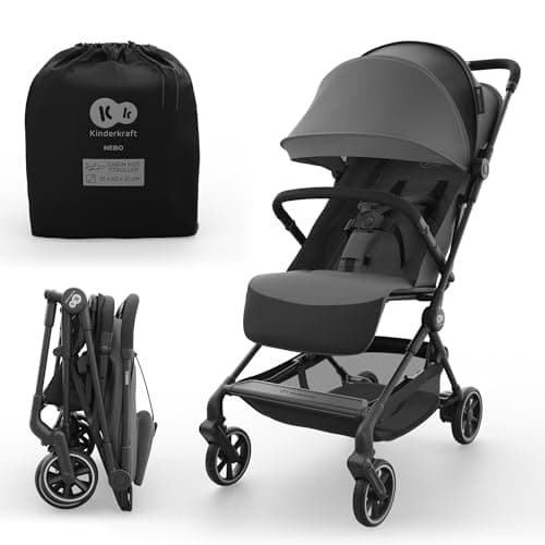 Image of Kinderkraft NEBO Cabin Stroller Ultralight, one-Hand fold, self-Standing When Folded, Cabin-Size 51×43×21 cm, Shoulder Strap + Travel Bag, Lie-Flat Recline, 5-Point Safety Harness, Grey