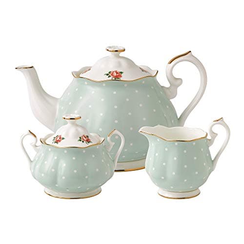 Image of Royal Albert Modern Vintage POLROS25823 Teapot, Sugar, Cream 3 Piece Set, Polka Rose, Bone China