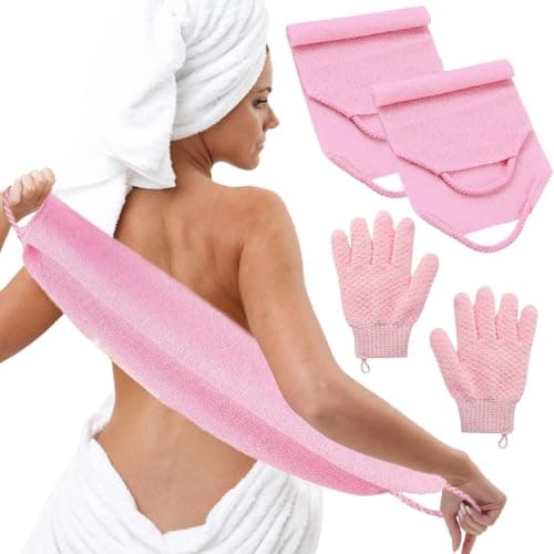 Image of LUFFLOK Bath Sets, 2Pcs Exfoliating Glove and 2Pcs Body Scrubber, Back Scrubbers for Use in Shower, Exfoliating Mitt and Exfoliating Towel for Body, Face, Shower, Bath and Deep Cleansing (Pink)