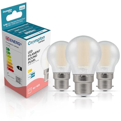 Image of Crompton Lamps Filament Golfball LED Light Bulb BC-B22d | 6.5W = 60W Equivalent | Warm White 2700K | Energy Efficient | Bayonet Lightbulb | Long Life 15,000-Hrs | Pearl Glass | 3-Pack
