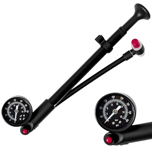 Image of High Pressure Shock Pump 400 PSI – Precision MTB & Road Bike Fork & Rear Suspension Pump, Portable Mini Pump with Bleed Button, 360° Rotating Hose & Durable Aluminium Alloy for Professional Cyclists