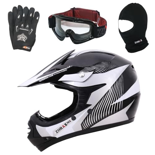Image of Zorax ZOR-X19 White XS (48-49cm) Predator Kids Motorbike Motocross MX Helmet ECE 2206 & Gloves S(5cm) & Goggles & Balaclava