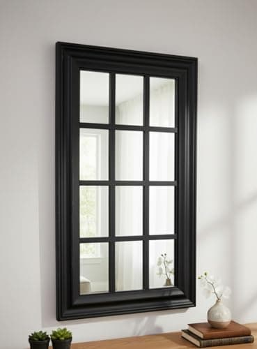 Image of DEENZ Decorative Rectangle Window Style Panel Design Glass Wall Mounted Mirror Black 12 Divided Sections Modern Home Large Plastic/Resin Framed For Bedroom, Living Room, Hallway 73 X 43 X 2.5 Cm