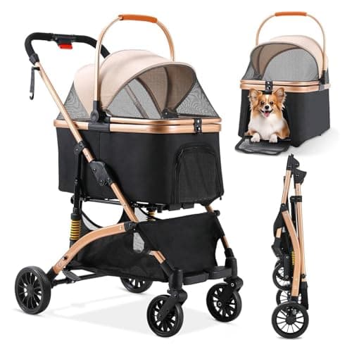 Image of Foldable Pet Stroller - 3 in 1 Dog Cat Pushchair With Storage Basket, Net Window, Cup Holder, 360° Wear-Resistant Rubber Wheels - Travel Carrier for Small Dogs & Cats, Champagne