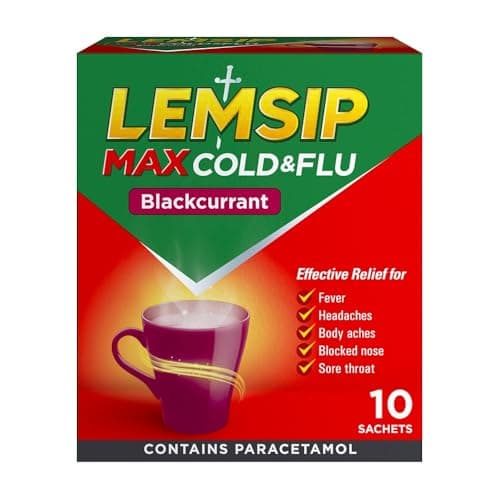 Image of Lemsip Max Cold And Flu Sachets, Blackcurrant, 10 Total, Paracetamol, Cold And Flu, Headache, Blocked Nose Relief, Sore Throat, Reduces Fever, Pain Relief, Full Relief, Cold And Flu, Medication