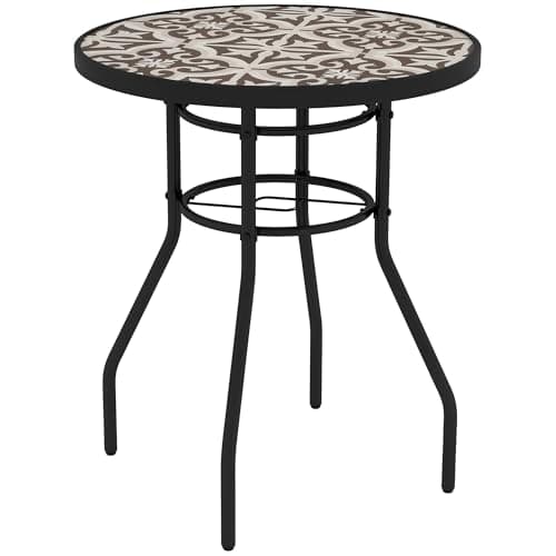 Image of Outsunny Φ60 cm Garden Round Coffee Table, Outdoor Side Table with Tempered Glass Printed Table Top and Foot Pads for Porch, Balcony, Tan Brown