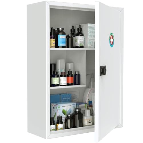 Image of Uniclife Wall Mount Medicine Cabinet with Combination Lock, Locking First Aid Cabinet, Lockable Medical Cabinet, Large Capacity Medicine Organizer, Secure Steel Wall Cabinet Metal Storage Box, White