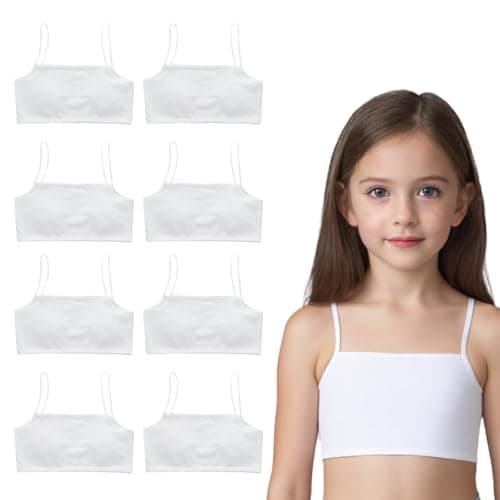 Image of JiaYouLC 8 Pack Girls Sports Bra Soft & Comfortable Cotton Crop Tops for Girls Non-Padded Training First Bras for Kids Teens Ages 8-12 (White*8)