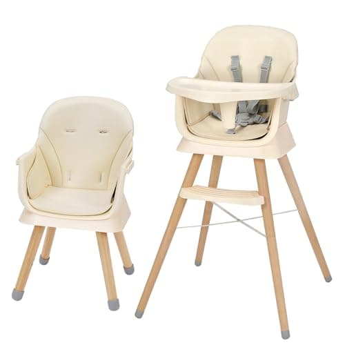 Image of 6-in-1 Baby High Chair with Wooden Legs, Convertible to Booster Seat & Toddler Chair, 5-Point Harness, Removable Tray, Adjustable for 6 Months to 6 Years Gray (Beige)