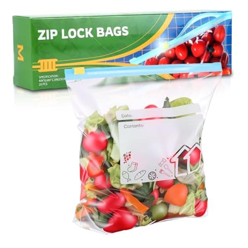 Image of Hemiks 25 Pcs Zip Lock Bags, Food Storage Freezer Bags (2.27L) Reusable Sandwich Bags Food Storage Bags with Expandable Bottom, BPA Free Zip Seal Freezer Bags for Fruits, Vegetables, Meat, Grains