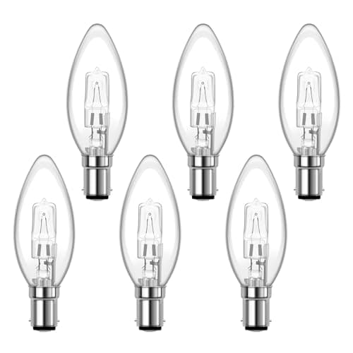 Image of SCNNC C35 B15 Dimmable Halogen Candle Bulbs Small Bayonet AC 230V, Warm White 2700K, Clear SBC B15d Halogen Candle Light Bulb for Ceiling Lights, Chandelier, Wall Lights, Pack of 6