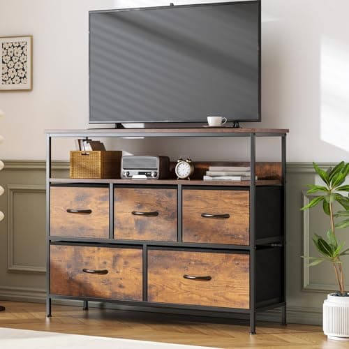 Image of GoaHi 5 Drawer Chest of Drawers with Storage Shelf, Industrial Steel Frame & MDF Top, Fabric Drawer Storage Unit for Bedroom, Living Room, Hallway or TV Unit,Rustic Brown