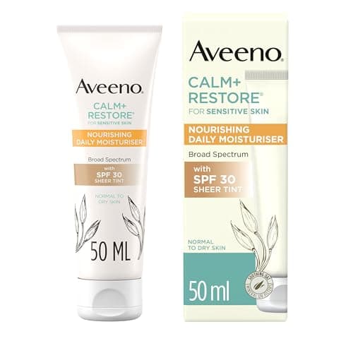 Image of AVEENO Face CALM+RESTORE Nourishing Daily Moisturiser with SPF30 (1 x 50ml), Fragrance-Free Face Moisturiser, Broad Spectrum with SPF30, Soothing Oat & 100 Mineral UV Filters, For Normal to Dry Skin