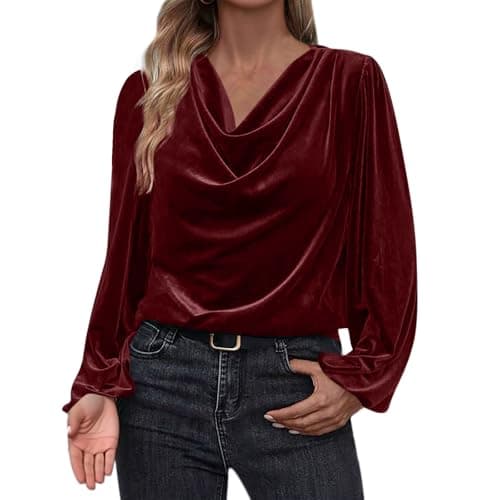 Image of AnnSemo Sweatshirts for Women UK Soft Cosy Velvet Pullover Solid Colour Pleated Stretch Cuffs Fashion Tops Womens V Neck Sweatshirts Winter Warm Long Sleeve Tops