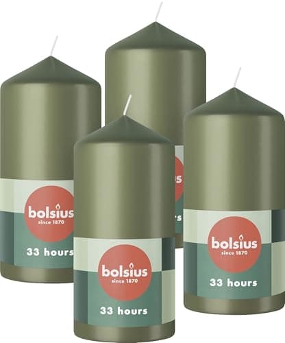 Image of Bolsius Pillar Candles - Green - 4-Pack - 12 x 6 cm - Decorative Household Candles - Long Burning Time of 33 Hours - Unscented - Includes Natural Vegan Wax - Without Palm Oil