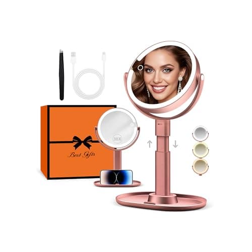Image of B Beauty Planet Makeup Mirror with Lights, Lighted Magnifying Mirror 30X with 3 Lighting and Adjustable Brightness, 2-Sided Height Adjustable Vanity Mirror for Bathroom, Present for Women Rose Gold