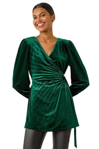 Image of Roman Originals Velvet Pleated Wrap Top for Women UK - Ladies Everyday Autumn Winter V-Neckline Comfy Soft Evening Vacation Work Party Night Out - Green - Size 20