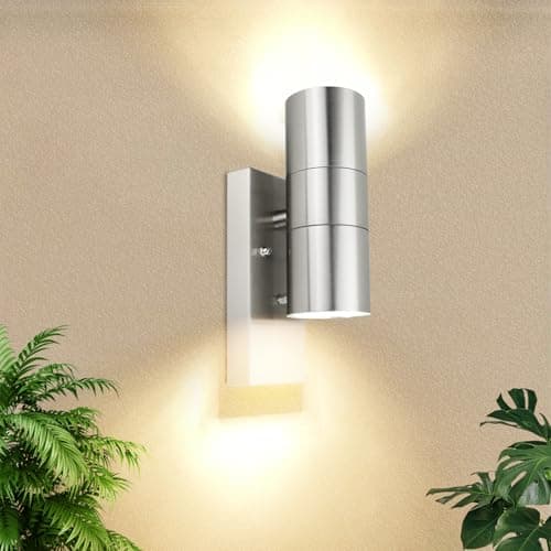 Image of Allesgute Outdoor Wall Light Dusk Till Dawn Sensor Up and Down Outside Lights Mains Powered 240V IP44 Stainless Steel Outdoor Wall Lamp for Porch, Incl. 2X 5W GU10 Bulbs Warm White