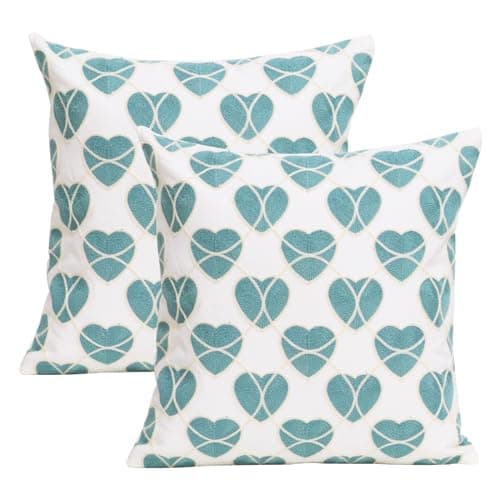 Image of UnionKK 1 PCS Embroidered Throw Pillow Cover Cotton Decorative Square Cushion Cases for Home Sofa Bed and Chair 18 x 18 Inch (Blue Heart-2)