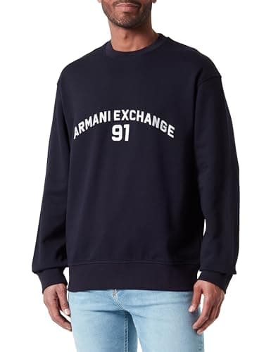 Image of Armani Exchange Men's 91 Logo, Crew Neck, Wrist Cuffs, Sweatshirt, Blue, S, deep navy, S