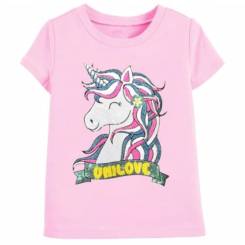 Image of Girls Pink Unicorn T-Shirt, Cotton Short Sleeve Round Neck Tee with Sequin Unicorn Graphic, Soft Summer Top for Kids, 3 Year Old Girl Gifts