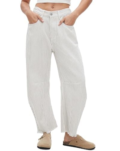 Image of Kedera Women Stripe Barrel Jeans Casual Loose Denim Jeans Wide Leg Baggy Pants Mid Waist Boyfriend Jeans Y2k, Beige Stripe, Large
