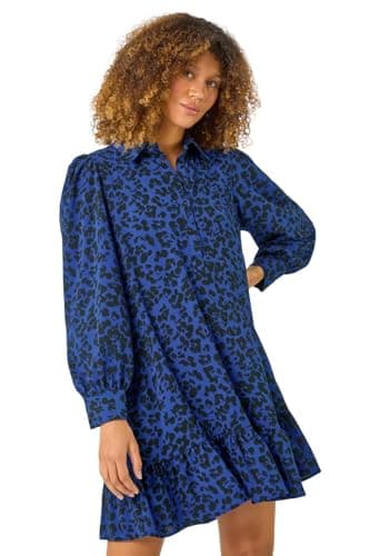 Image of Roman Originals Shirt Dress for Women UK- Ladies Long Sleeve Belted Collared Midi Maxi Winter Autumn Smart Casual Button Through Evening Office A Line Swing Skater - Blue Black - Size 18