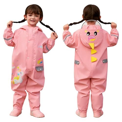 Image of MASOCIO Toddler Puddle Suit Kids Girls Waterproof All in One Rain Suit Baby Puddlesuit Rainsuit Children Rain Overalls Coat Jumpsuit Splash 4 Raincoat Child Age 3-5 Years Pink