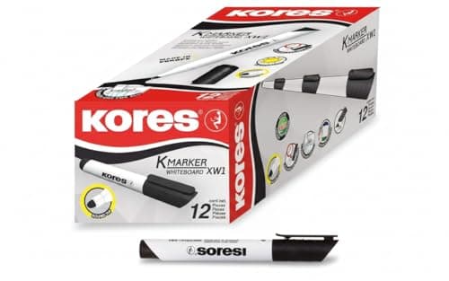Image of Kores - Black Whiteboard Marker Pens - K-Marker XW2, Chisel Tip with Low-Odour Ink - Dry Wipe Marker Pens - Back to School Supplies, Office Supplies - Pack of 12