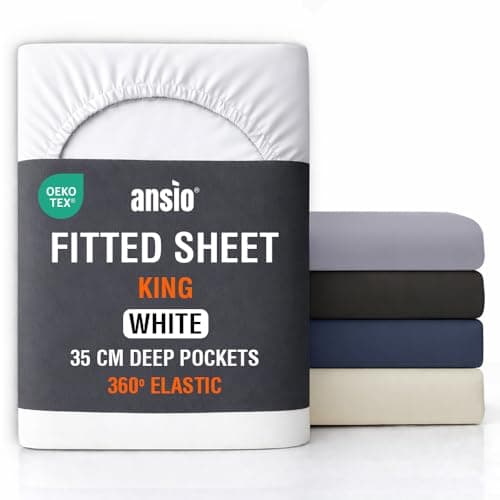 Image of ANSIO® King Size Fitted Sheet Soft Brushed Microfibre Fabric – Deep Pocket 35cm – All-Around Elastic – OEKO-TEX Certified – Easy Care & Naturally Smooth After Wash - White