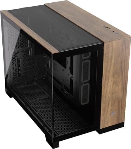 Image of CORSAIR 2500X Small-Tower mATX Dual Chamber PC Case – Panoramic Tempered Glass – Reverse Connection Motherboard Compatible – No Fans Included – Black/Walnut Wood