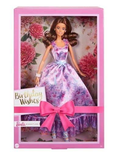 Image of Barbie Signature Birthday Wishes Doll with Silky Lilac Dress Brown Wavy Hair - Gift Boxed HRM54