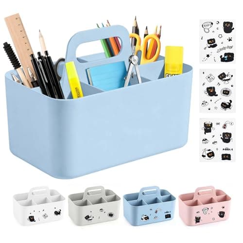 Image of Caddy Organizer with Handle, 5 Slots Multipurpose Storage Caddy with 3 Cat Stickers, Stackable Storage Baskets Pen Art Storage Organiser for Bathroom, Office, Kitchen Cleaning (Blue, 25×15.4×17cm)