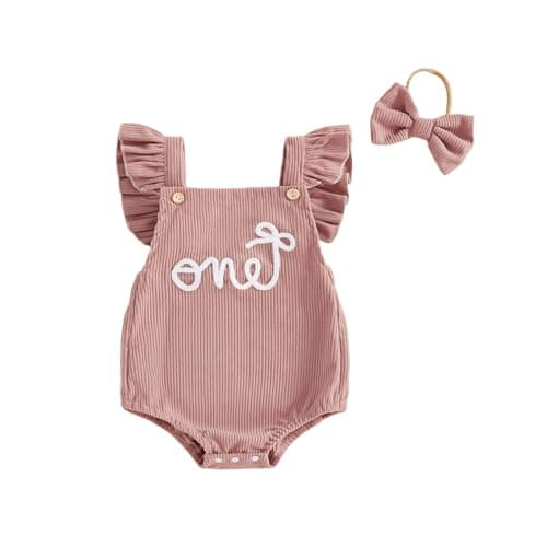 Image of Carolilly Baby Girl 1st Birthday Outfits Flying Sleeve Letter Print Corduroy Romper Infant Bodysuit Newborn Girls Jumpsuits with Headband Birthday Gift (Pink, 6-12 Months)