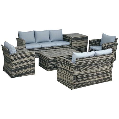 Image of Outsunny 6 Pieces Rattan Garden Furniture Set, 7 Seater Wicker Outdoor Furniture Set with Storage Tea Table & Side Table, Sectional Garden Sofa Set with Cushions, Grey