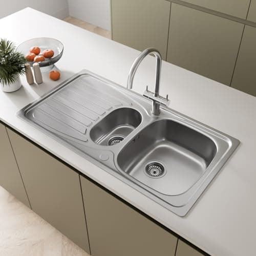 Image of SÄUBER® 950 x 500mm Stainless Steel Kitchen Sink 1.5 Bowl, Inset Drop in Installation, Left Hand Drainer, Free Kitchen Strainer Wastes for Sinks