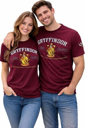 Image of Unisex Licensed Harry Potter Gryffindor T-Shirt | Maroon Applique Embroidery House Crest Tee with Golden Snitch Sleeve Design | Official Merchandise (XS–XL) (UK, Alpha, M, Regular, Regular, Maroon)