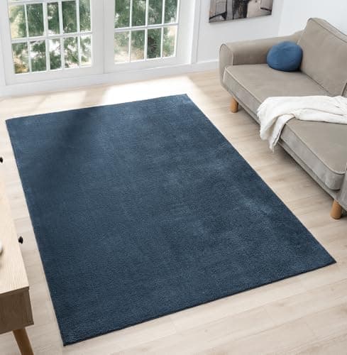 Image of Rugs by Desire Comfy Washable Modern Living Room Rug Polyester Plain Indoor Area Rug with Low Pile - Anti-Slip Felt Backing SuperSoft Carpet Bedroom-Hallway, Navy, 60x100 cm