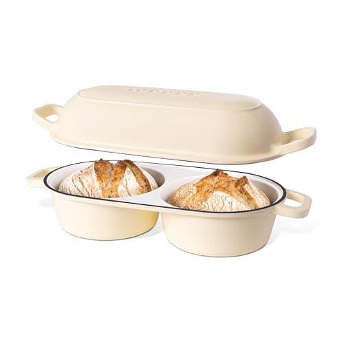 Image of Dutch Oven for Sourdough Bread Baking – Enamelled Cast Iron Bread Loaf Pot – 500°F Oven Safe Non Stick Bread Pot – Double Round Loaf Space, 16.5cm Diameter, Cream, – by Nuovva